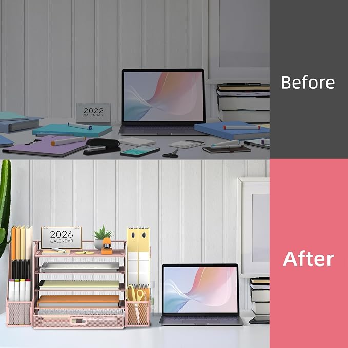 Mesh Desk Organizer with File Holder, 5-Tier Paper Letter Tray Organizer with Magazine Holder, Desktop Organizer and Storage with Drawer for Office Supplies Home or School (Pink) | Two side magazine holders and a bottom drawer store papers, folders, no...