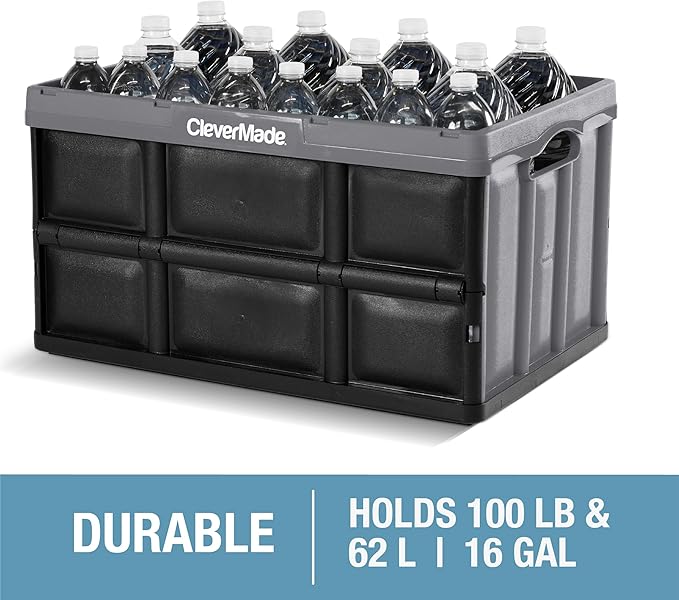 CleverMade Collapsible Storage Bins - Stone 3 Pack 62L - Stackable Containers Heavy Duty Capacity Folding Crates - Space-Saving for Home