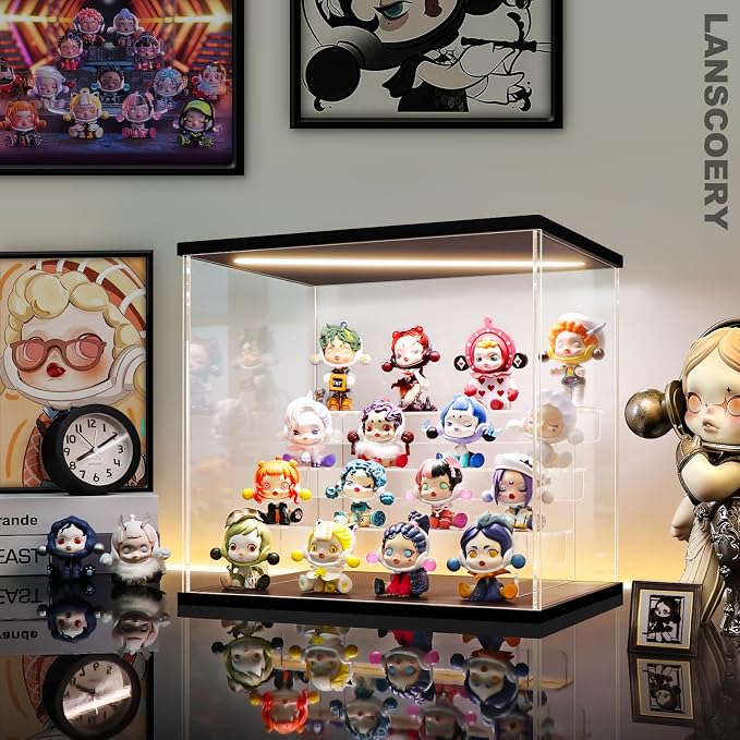 LANSCOERY Acrylic Display Case for Collectibles, 4-Tier LED Light, Black | 3mm clear acrylic panels with front door access and tri-color top light for small figures on a desk or shelf.