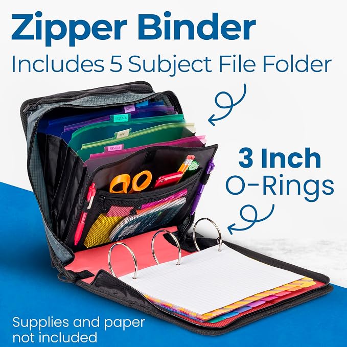 Case-it School Zipper Binder | 3-Inch O-Rings | 600-Sheet | D-146 Coral | Mighty Zip Tab, 5-Color Tab Expanding File Folder, Multiple Pockets, Shoulder Strap, Office