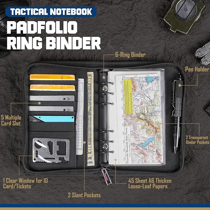 WYNEX Tactical Notebook Padfolio 6 Ring Binder, 3.7x6.7 IN Refill Paper | S-5.5x8.5" Zip Hardcover Notebook, 45 Sheets Line Paper, 1"O-ring Water-Resistant Planner, for Office College Field Gift