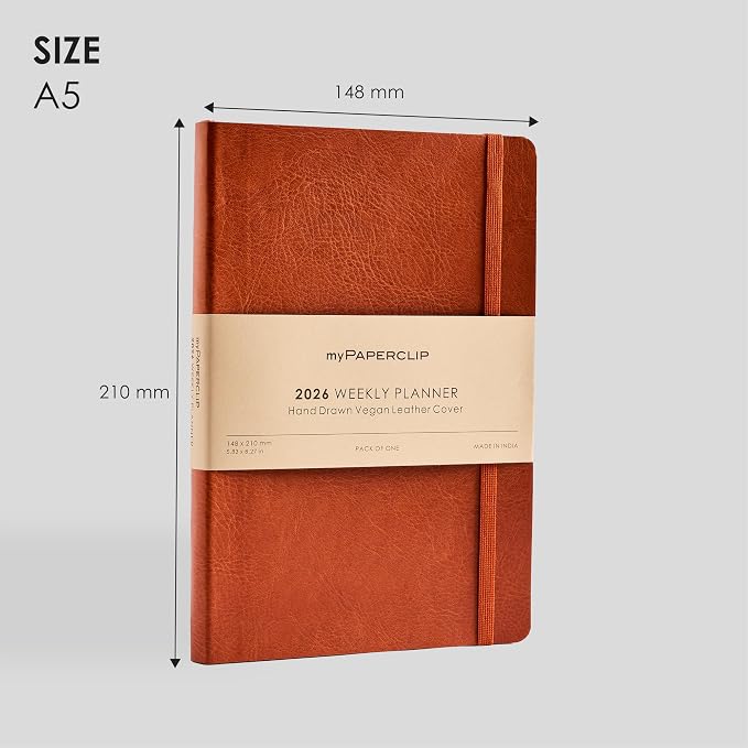 myPAPERCLIP 2026 Weekly & Monthly Planner, 12 Months (Jan2026 - Dec2026), A5 (5.6 in x 8 in), Italian Vegan Leather Planner with Weekly & Monthly Spreads, Yearly Overview – Tan