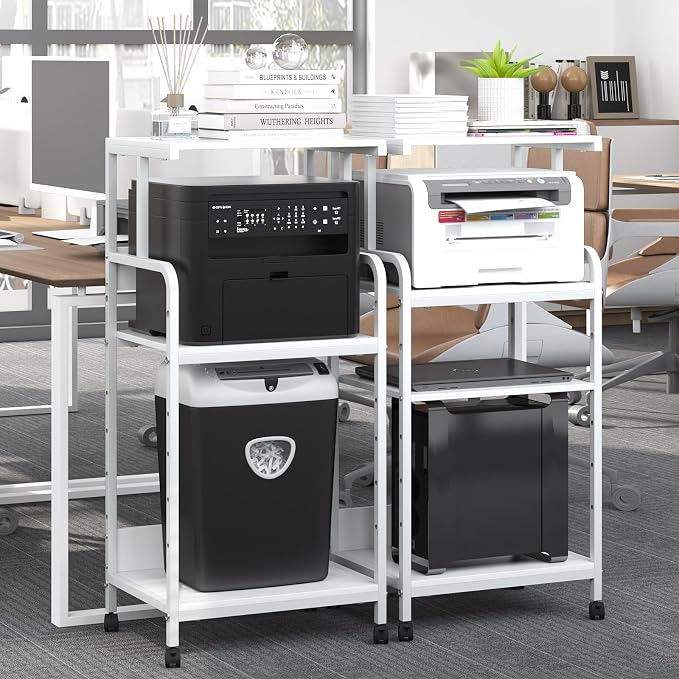 Arbuxzuy 4-Tier Printer Stand with Storage Shelf, Mobile Printer Table for Home Office, Adjustable Stand for Printer, Scanner, Fax (White)