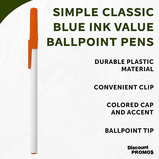 DISCOUNT PROMOS Value Stick Pens Set of 10, Bulk Pack - Blue Ink, Great for Office, School, Business, Tradeshows, Events - Orange Cap