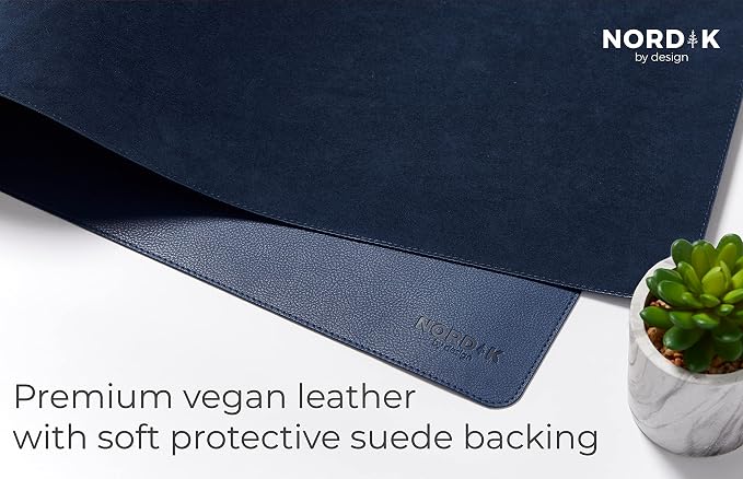 Nordik Leather Desk Mat - Midnight Blue - Large Leather Desk Pad (35x17 in) | Premium Vegan Leather Desk Pad with Cable Organizer, Giftable, Extended Waterproof Mouse Mat, Non-Slip Desk Pad Protector