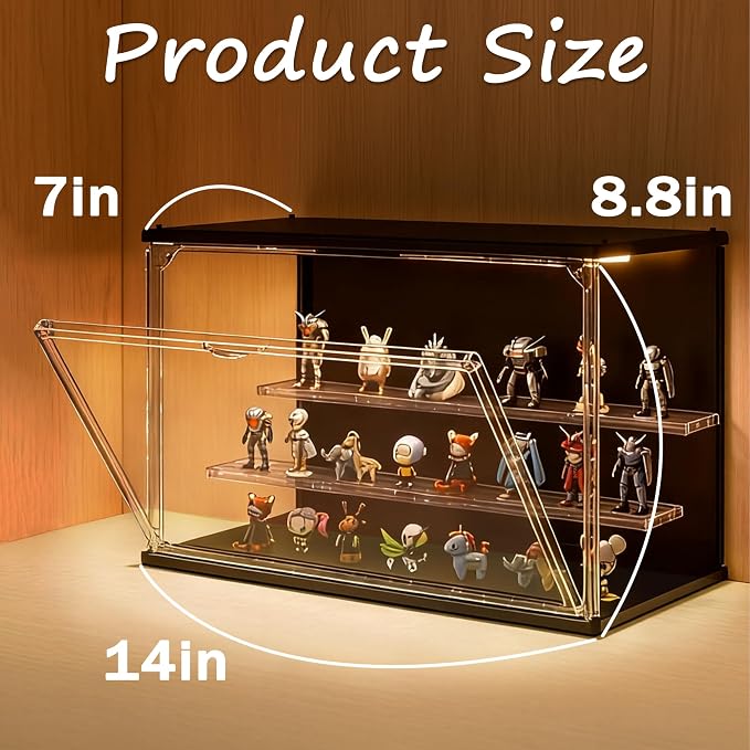 Clear Display Case for Collectibles, 3-Tier Stackable LED Figure Display Case with Magnetic Door, Adjustable Showcase for Models, Miniatures, Jewly (Black, 8.8“H-1PC)