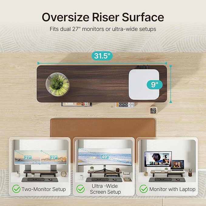 31.5" Dual Monitor Riser, Metal Shelf Wooden Desk Organizer | Walnut Wooden Desk Shelf for 2 Monitors/TV,Monitor Stand Riser for Desk, Wood Monitor Stand Organizer for Home Office