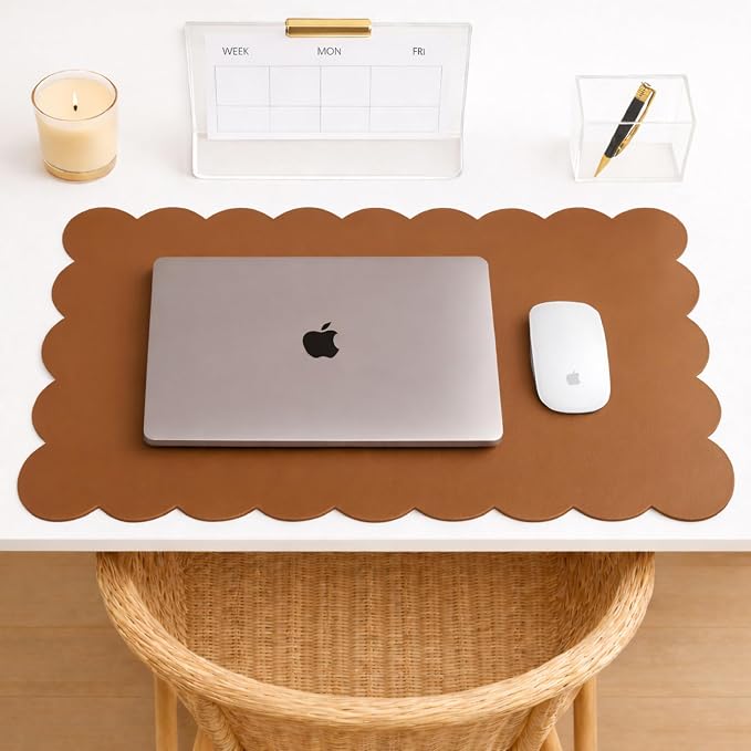 Orelle Scalloped Desk Mat | Vegan Leather Desk Mat for Keyboard and Mouse, Laptop, Makeup Vanity | Computer Desk Pad Mat | Office Desk Cover Mat | Desk Blotter Mat | 30 x 15” | Brown