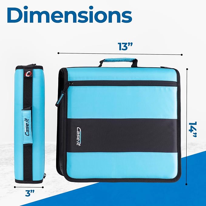Case-it Classic Zipper Binder | 2-Inch O-Rings, 350 Sheet Capacity, Multiple Storage Pockets & Shoulder Strap | School & Office Organizer | D-251 Teal (Pack of 6)