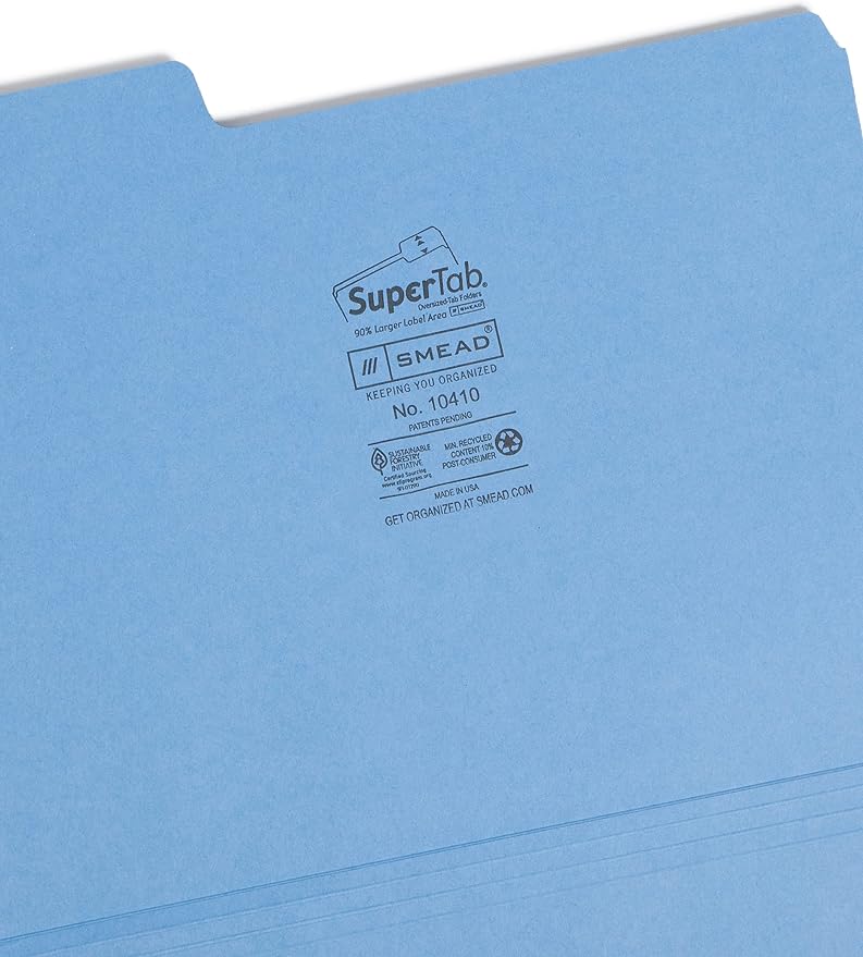 Smead SuperTab Heavyweight File Folder, Oversized 1/3-Cut Tab, Letter Size, Assorted Primary Colors, 50 per Box (10410)