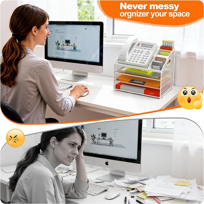 DocNest 4 Tier Metal Mesh Desk File Organizer with Phone Shelf, White | Desktop letter tray sorter features a 9.1x9.1 inch top phone holder, built-in sticky note compartment and pen holder