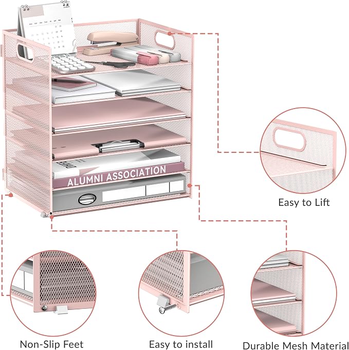 Daltack 6-Tier Paper Organizer for Desk with Handle, Pink | Sturdy Metal Mesh Organizer with Movable Middle Trays and a Carry Handle for Papers, Folders and Office Supplies
