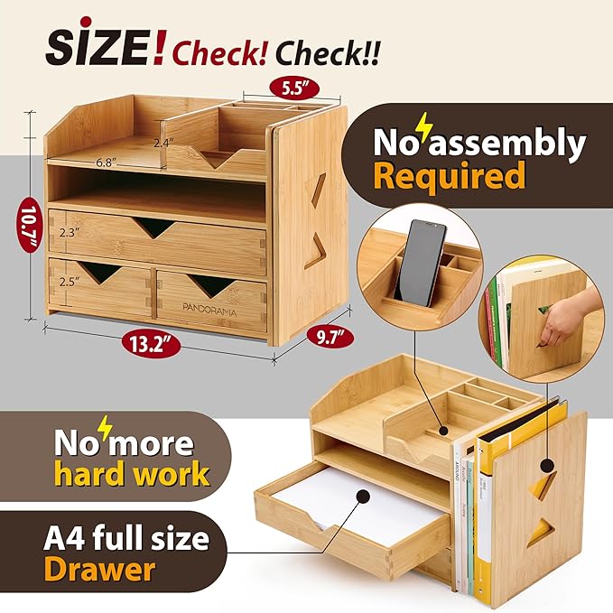 Pandorama Bamboo Desk Organizer Large - A4 Drawers & Adjustable File Holder, Fully Assembled Wood Desktop Storage for Kitchen, Bedroom, Bathroom, Study Room