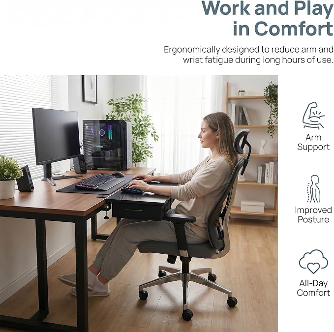 Desk Extender Tray, 24" x 12" Clamp On Desk Extension Shelf with Drawer | Desk Extension Ergonomics Keyboard Extender Tray, Table Desk Armrest Support for Office Home Workstation Organizer, Black