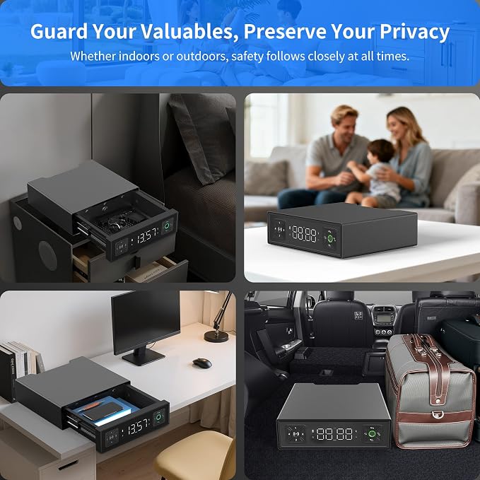 Smart Safety Box, Biometric Gun Safe for Handguns, Portable Security Safe with Fingerprint Lock, RFID Card, Keys, Anti-Theft Steel Cable, for Home & Travel, USB Charging, 2.4L Capacity