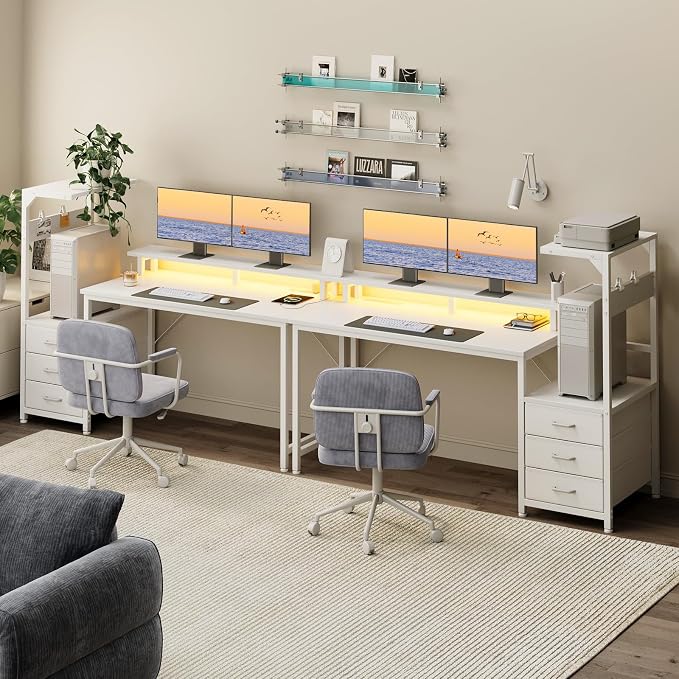 AODK 59 Inch Gaming Desk with USB Charging Ports & LED Light- Reversible Computer Desk with Storage Shelves & Monitor Stand, Modern Gamer Desk Table with Fabric Drawers, White