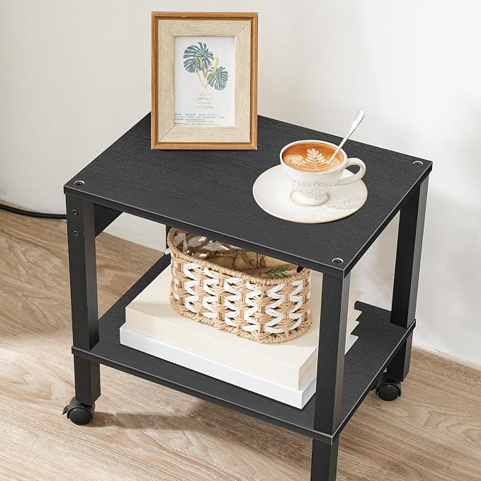 HOOBRO 2-Tier Printer Stand with Charging Station, Under Desk Printer Table, Printer Cart with Storage Shelves, Shelf for Small Spaces, for Home Office, Black BK38UPS01