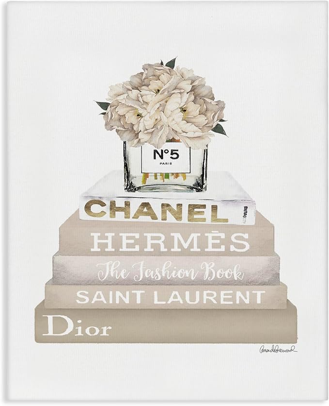Glam Beige Fashion Bookstack Floral, 16 x 20 Inch Canvas Wall Art | Stupell Industries · By Amanda Greenwood · Ready to hang · Elegant statement for home decor · Made in USA