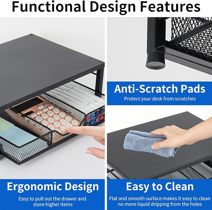Small Laptop Stand for Desk, Monitor Stand Riser, Desk Organizer for Office Organization, Office Desk Accessories, Computer Desktop Stand with Drawer for Home, Office, School (Black)