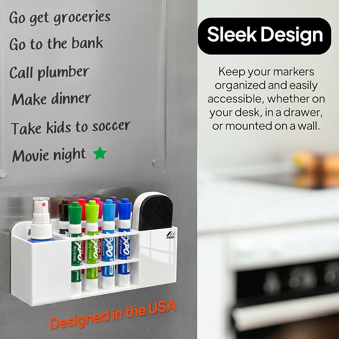 Strong magnetic dry-erase whiteboard holder, 8-slot acrylic pen organizer with glass and wall mounting hardware for refrigerator, office, and classroom. Markers, Eraser, Cleaner Not Included (White)
