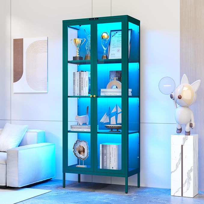 Polup 66" Green Glass Display Cabinet with 8-Color LED for Plants | Metal Frame & Tempered Glass Doors, Motion Sensor LED, 4-Tier Space, 3 Adjustable Shelves, for Indoor Plants & Figures