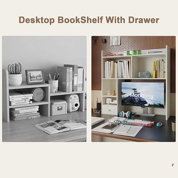 ChooChoo Desktop Bookshelf with Lights and 5 Shelves and 1 Drawer | 36.4" Tall Countertop Desk Hutch, Computer Desk, Desk Shelf Organizer, Dorm Office Home, White
