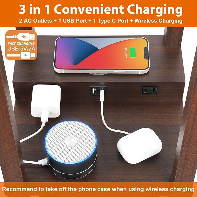Shelf Floor Lamp with Wireless Charger, USB, Type C, AC Port,Brown | Fast Charging USB Ports & Type C Port & 2 Power Outlets, 3 Tier Storage Shelf Lamp, E26 Base, 60W Max(Bulb Not Included)