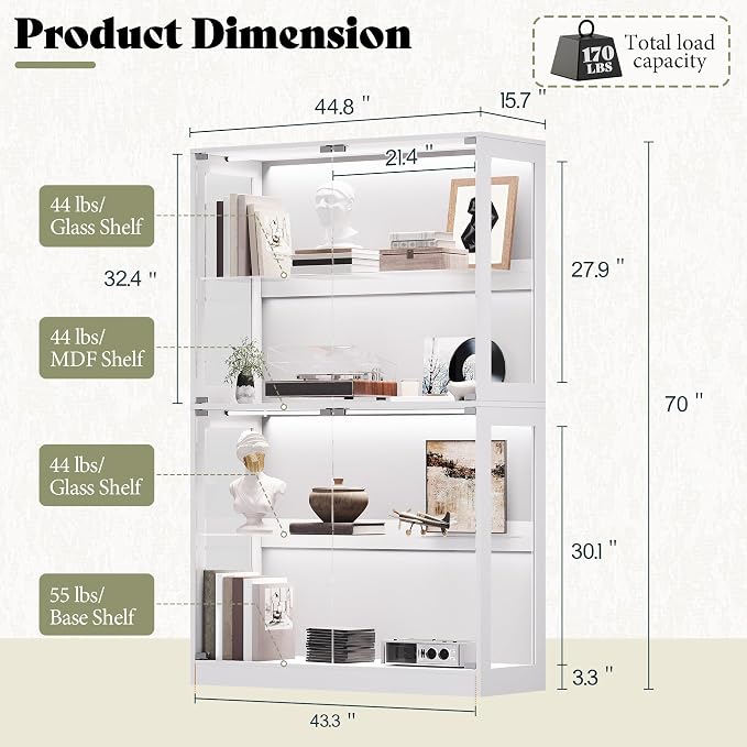 AMERLIFE 45-Inch RGB Display Cabinet with Glass Doors | 70 H x 45 W x 16 D In, 4-Tier Storage, Adjustable Glass Shelves, RGB LED Lights, Press-to-Open Doors, White