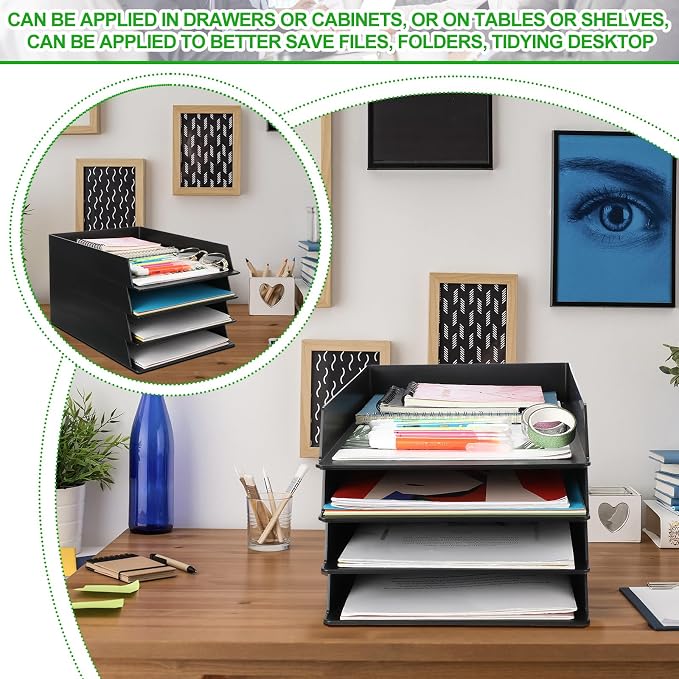 6 Pcs Stackable Paper Trays Rectangular Plastic Desk Holder Desktop Document File Organizer Storage Letter for Office Classroom (Black)