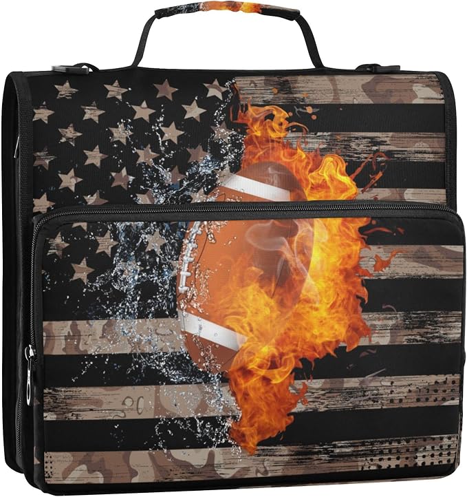 Fisyme Football American Flag Zipper Binder 3 Ring with Zipper and Shoulder Strap Large Capacity Multi-Pocket Binder Organizer