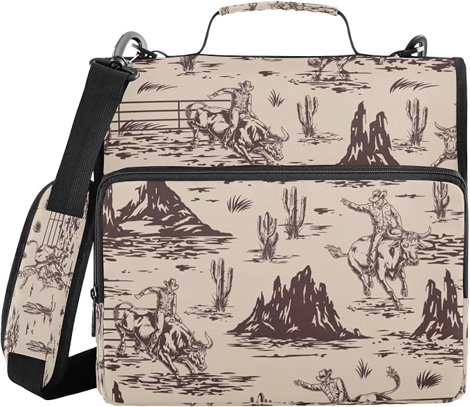 Fisyme Western American Cowboy Zipper Binder 3 Ring with Zipper and Shoulder Strap Large Capacity Multi-Pocket Zipper Binder Organizer
