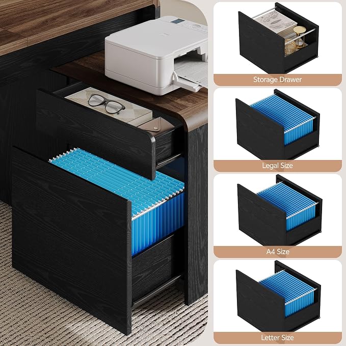 78" L-Shaped Executive Desk with Mobile File Cabinet, Black | Mid-Century L-Desk with Mobile File Cabinet, Drawers & Power Hub (4AC+2USB) Waterfall Edge. Large Workspace for Home Office