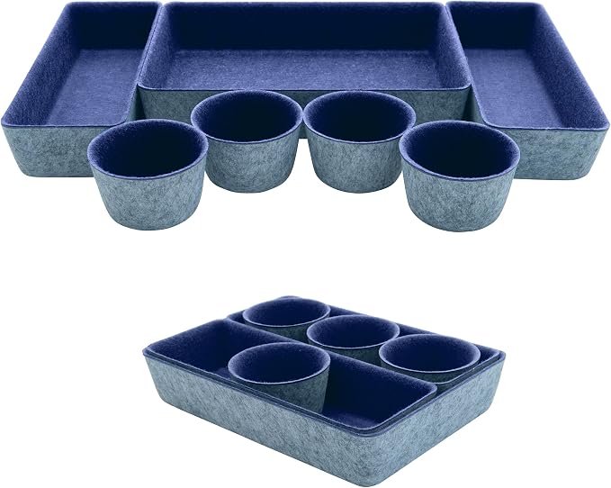 Teeo - Organizer for Drawers - Desk Drawer Organizers and Storage - Make Up Draw Organizers - Kitchen Drawer Organization - Home Office Cosmetic Bins Dividers Box Compartment - Pack of 7, Navy