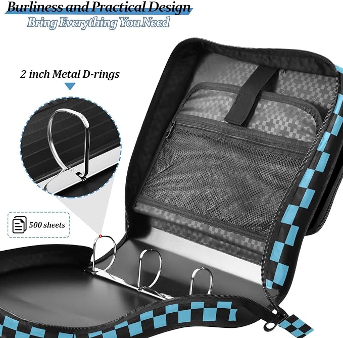 Custom Black Blue Checkered Pattern 3 Ring Binder Bag 1.5 inch Personalized Name Binder Organizer 500 Sheet Documents Storage for School Office