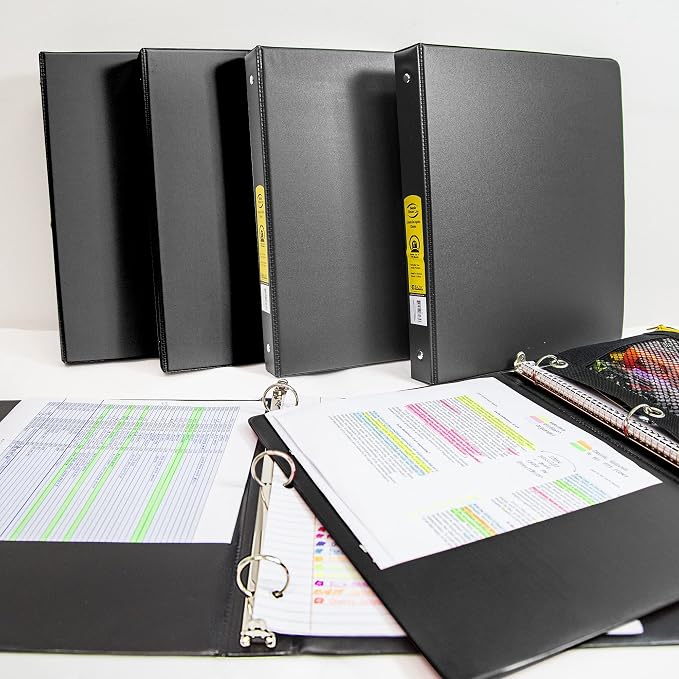 BAZIC Products 1" Black 3-Ring Binder, Round Ring, 2 Pockets | round rings, 1 in Black 3-ring binder, 2 inside pockets, holds up to 175 sheets, Durable poly cover