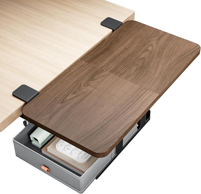Desk Extender Tray, 24" x 12", with Storage Drawer, Medium, Walnut | Desk Extension, Clamp on Desk Shelf, Clamp On Keyboard Tray for Office and Home, Workstation Organizer