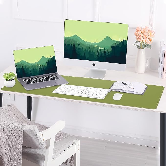 AFIING Leather Desk Pad Protector, Large Desk Mat with Natural Cork & PU Leather, Mouse Pad, Non-Slip, Waterproof Desk Writing Pad for Office and Home (Olive Green)
