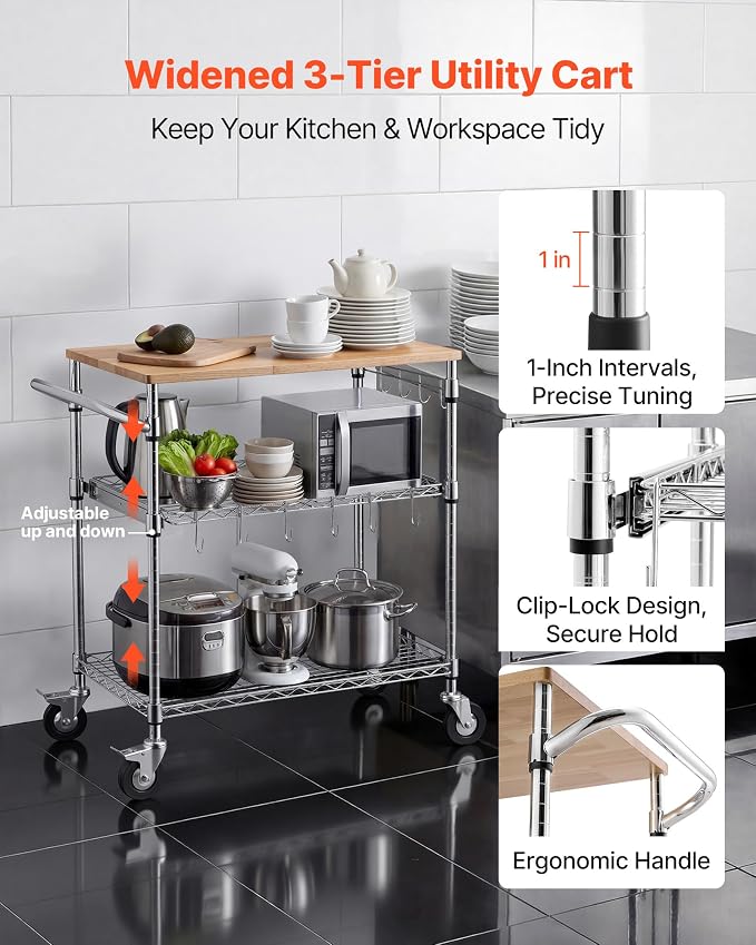 VEVOR Kitchen Utility Cart, 3-Tier Rolling Kitchen Cart with Wood Tabletop and Handle Bar, 661 lbs Capacity Heavy Duty Adjustable Wire Storage Rack, Steel Service Trolley on Wheels, 30 x 18 x 36 in