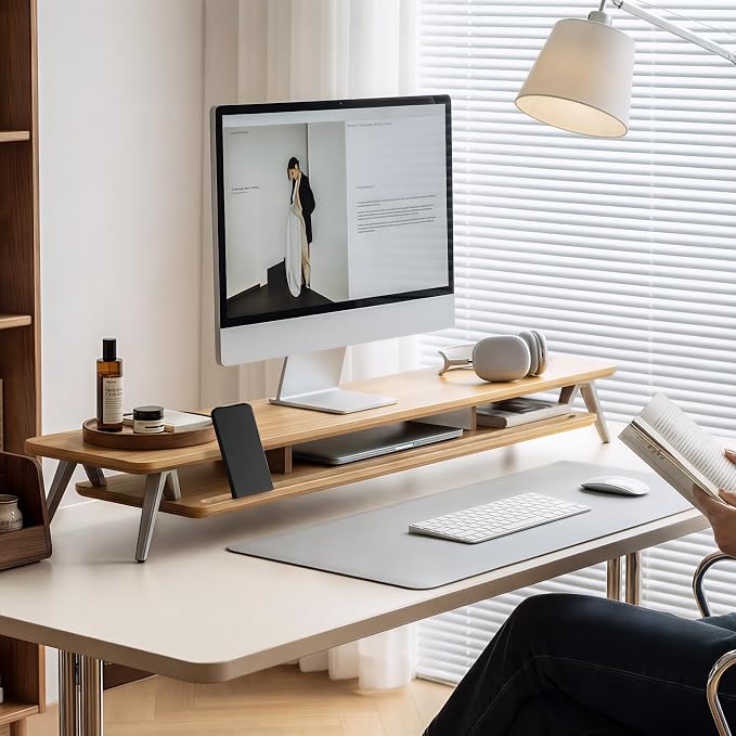 Fenge Dual Monitor Stand Riser, Wooden Desk Shelf with 2-Tier Storage | 42.5-Inch Wide, Sturdy Aluminum Legs, Built-In Phone & Tablet Slot, Desktop Organizer for Office Accessories