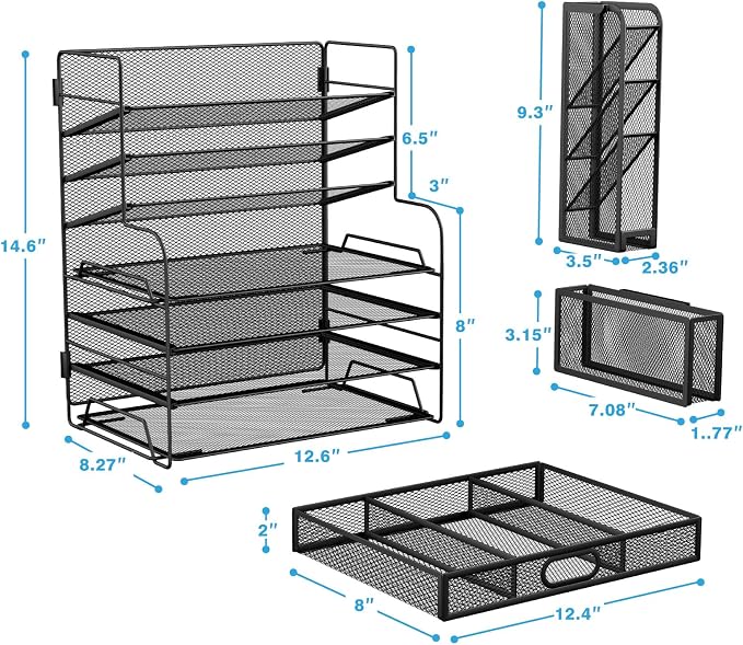 7 Tier Desk File Organizer Office storage Desk Accessories, Desktop Organizer for Office Supplies with Drawer and 2 Pen Holders (Black)