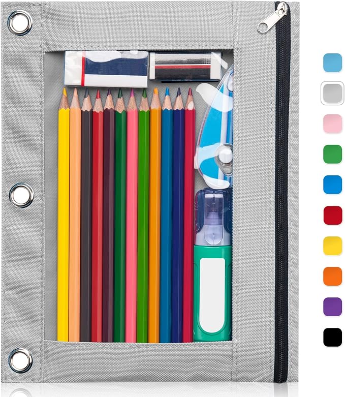 Forvencer Pencil Pouch for 3 Ring Binder, Binder Pencil Case with Binder | Smooth Zipper, Clear Window Pencil Bag with 3 Reinforced Grommets, Big Capacity Pencil Box, School Office Supplies, Grey