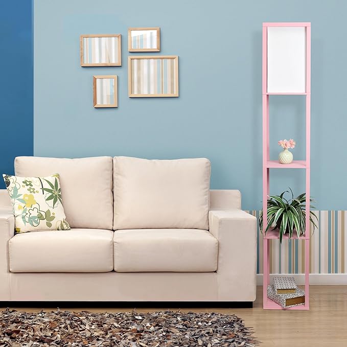 Simple Designs LF1014-LPK Etagere Organizer Storage Shelf Linen Shade Floor Lamp, Light Pink