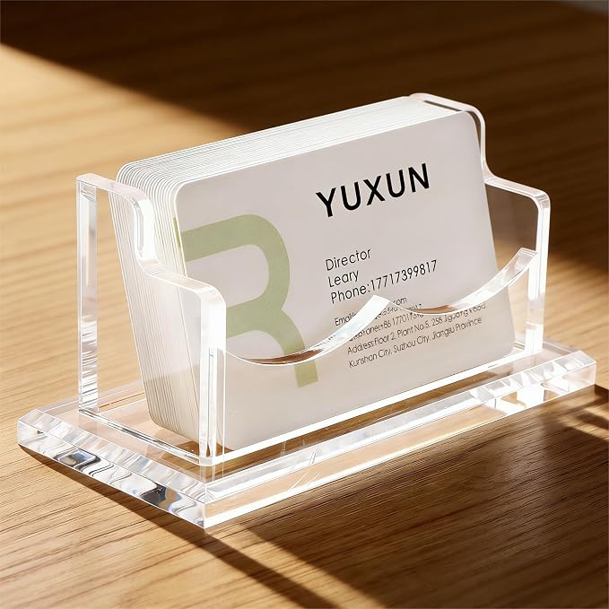 YUXUN Acrylic Business Card Holder for Desk, Business Cards Holder Organizer for women, Clear Business Card Display Stand, 8mm Thicken Acrylic Base, 50+ Business Cards for Office Exhibition Home