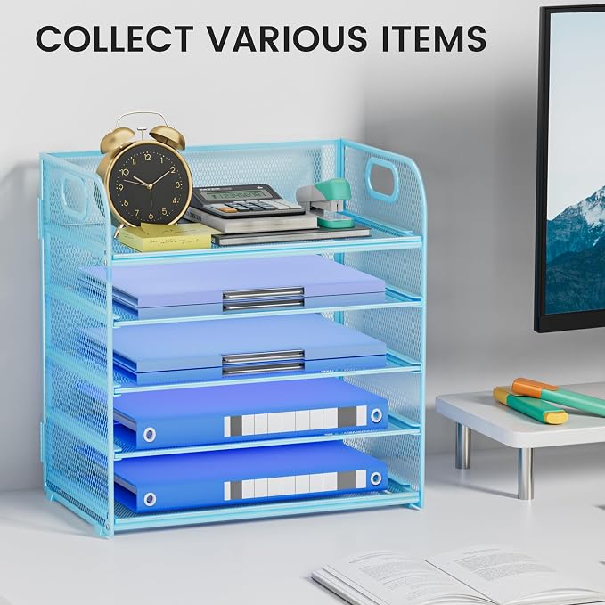Paper Organizer Letter Tray with Handle Mesh 5-Tier | Stackable Desk Organizer for Files/Paper/Office Supplies, Sturdy Carbon Steel Desk Organizer for Home Office & Classroom
