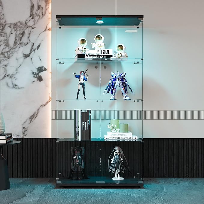 FLYMUHJIA 4-Shelf Tempered Glass Display Cabinet with LED & Lockable Double Doors, Black Curio Cabinet for Collectibles, Easy to Install