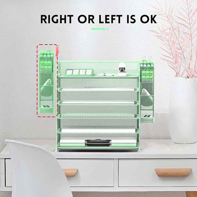 6 Tier Desk Organizer with 4 Pen Holders & Paper Trays Mint Green | 6 Tiers Paper Organizer, File Organizer Letter Tray with Handle for A4 Files, Folders, Mail and Office Supplies
