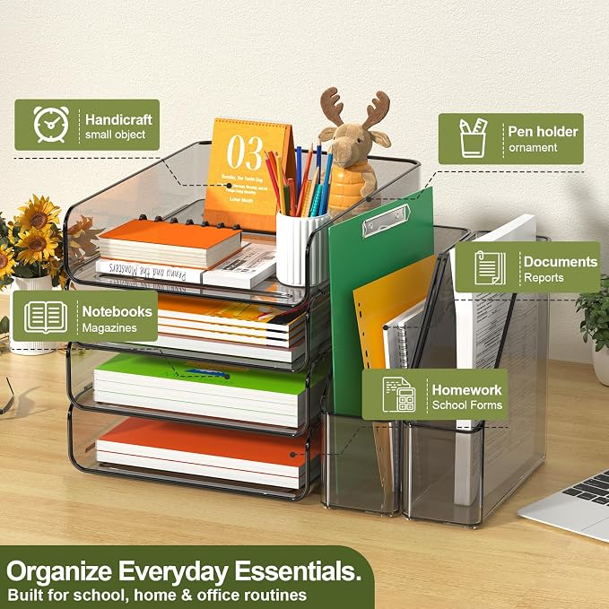 FANXIYQ 4-Tier Brown Acrylic Paper Tray Organizer with 2 Bookends | Tool-Free Stackable 1-4 Tier Design with 2 Bookends for Files, Folders and A4 Paper; For School, Home Office and Study Room