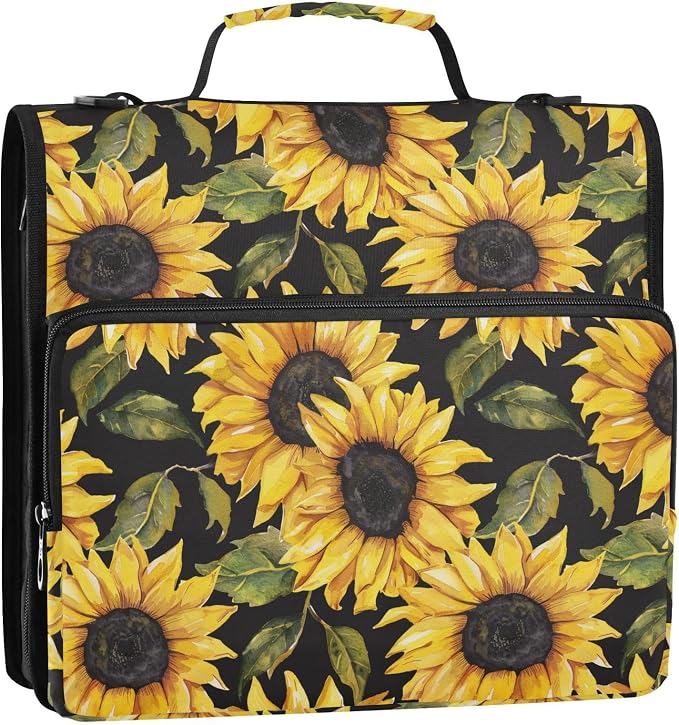 Bright Vintage Sunflower Zipper Binder with Shoulder Strap Bag 3 Ring Binder Organizer Large Capacity Multiple Compartments for School Office
