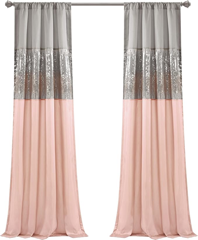 Lush Decor Night Sky Window Curtain Panel, Single, 42" W x 84" L, Gray & Blush - Sequin Curtains - Sparkle & Color Block Design - Modern Glam Decor - Long Curtains For Bedroom & Living Room
