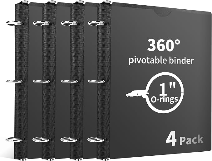 360° Pivotable 3 Ring Binder, Upgraded Foldable Binders 1 inch 4 Pack, Thin Small Three Ring Binder Fits 8.5" x 11", for Home, School and Office Binders Supplies -Black